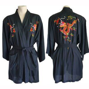 Vintage Dragon Embroidered Kimono Style Artsy Boho Robe Black Size S
